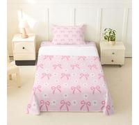 Homemissing Cute Bow Set Lenzuola 90x190cm Rosa Bowknot Lenzuolo per Bambini Ragazze Ragazze Kawaii Florali Tasca Profonda Lenzuola Estetica Coquette Microfibra leggera morbida traspirante