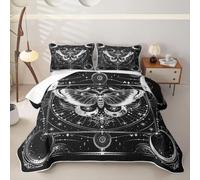 Homemissing Death Moth Trapunte Sun e Luna 170x230cm | per Bambini Boho Moth Set Copriletto Teens Decorazione Gothic Nero e Bianco Decorazione 2PCs con 2 Federa