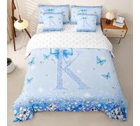 Homemissing Fiocco Bambini Set Copripiumino 7 pezzi 200x200cm K | Blu Personalizzato Iniziale Completo letto in borsa Fiocco Camera Da Letto Principessa Glitter Decorazione