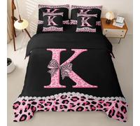 Homemissing Fiocco di Ghepardo Set Copripiumino 7 pezzi 135x200cm Coquette | Rosa Fiocco Completo letto in borsa Lettera Iniziale K Microfibra Ragazze Biancheria Da Letto Traspirante Leggero