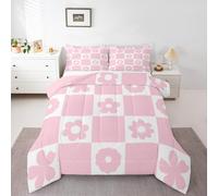 Homemissing Fiori carini controllati Letto Trapuntato Tutta la stagione rosa bianco Plaid Set Piumini 200x200cm Geometrico Preppy Bambini Scacchiera Griglia Camera da letto Decorazione
