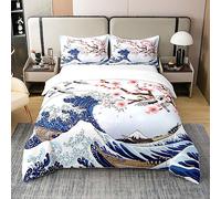 Homemissing Fleur de Ciliegiier Parure de lit 220 x 240 cm, 100% cotone chic gru Copripiumino 100% cotone per bambini onde decorazione rosa Ukiyo - e tema giapponese set con 2 federe