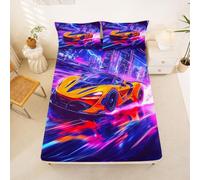 Homemissing Giallo Auto Lenzuolo con angoli 3 Pezzi 150x200cm | Auto da corsa Thunderstorm Day per materassi alti 40cm Auto sportive con 2 Federe 51x75cm Rainy Fast Cool Lavabile a 30°
