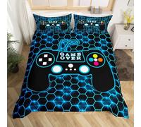 Homemissing Giocatore Copripiumini Gaming Set Copripiumino 135x200cm Gamepad Videogioco Copripiumone per Ragazzi Ragazze Bambini Gioco Controller Blu Geometria Copripiumino 2 pezzi