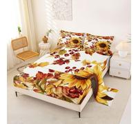 Homemissing girasole Set Lenzuola Letto 4 Pezzi 155x205cm | Bianco Giallo e Rosso arancione Fall Foglia con 2 Federe 51x75cm Fall Agriturismo Microfibra Buffalo Plaid Decorazione