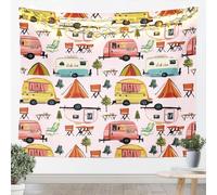 Homemissing Happy Camping Tapestry Large 147 x 200 cm Camper Wall Cloth RV Camping per camera da letto soggiorno Residence Arazzo decorativo Cartoon Auto Wall Hanging Camper Accessori per rimorchio da