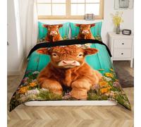 Homemissing Highland Cattle - Set copripiumino per letto singolo, per bambini, ragazzi e ragazze, motivo mucca delle Highland, con stampa floreale botanica, con 1 federa