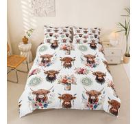 Homemissing Highland Cow Copripiumone Morbido Ragazzi Ragazze Highland Bovino Set Copripiumino 200x200cm Traspirante Morbido Decorazione Occidentale Copripiumini 3pcs Boho Mandala Botanica Floreale