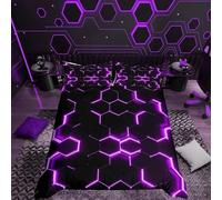 Homemissing Honeycomb Bambini e Adolescenti Modern Geometric Hexagonal Theme Purple Neon Nero Decorative Grid Art Copripiumini 3 Pezzi Set Copripiumino 200x200cm