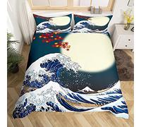 Homemissing Japanese Hokusai Modello Set Copripiumino 200x200cm Esotico Japanese-Stile Copripiumone Blu Wave Modello Copripiumini per Bambini Fuji Mountain Stampato Copripiumino