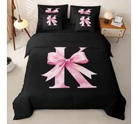 Homemissing K Bambini Set Copripiumino 7 pezzi 135x200cm Glitter Fiocco | Personalizzato Iniziale Rosa Nero Completo letto in borsa Principessa Stile Fiocco Microfibra Morbido Traspirante