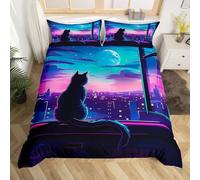 Homemissing Kawaii Anime Cat Copripiumone Morbido Ragazzi Ragazze Luna Stampa Set Copripiumino 120x150cm Traspirante Morbido Città Gatti Copripiumini 2 pezzi Cute Gattino Camera da letto Decorazione