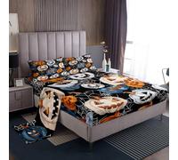 Homemissing Lanterna zucca Set Lenzuola 90x190cm per bambini spider web Halloween tema Lenzuolo camera da letto decoro traspirante morbido blu bianco arancione 3 pezzi