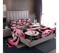 Homemissing Lanterna zucca Set Lenzuola 90x190cm per bambini spider web Halloween tema Lenzuolo camera da letto decoro traspirante morbido rosa nero 3 pezzi
