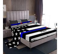 Homemissing Lenzuolo con angoli con bandiera americana per ragazze ragazzi bandiera degli Stati Uniti strisce geometriche set di lenzuola nero bianco stelle rosse blu linea singolo 3 pezzi