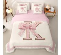 Homemissing Lettera K Set Copripiumino 7 pezzi 135x200cm Floreale Fiocco | Iniziale Rosa Completo letto in borsa Principessa Romantica Fiocco Biancheria Da Letto Traspirante Morbido