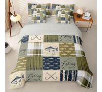 Homemissing Pesce Caccia Copripiumino 7 pezzi 220x260cm | Hunter e Pesca Temad Completo letto in borsa Camo per tutte le stagioni Plaids rustico Camping verde