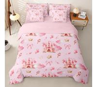 Homemissing Princess Castle - Set copripiumino super king size con fiocco rosa, 7 pezzi, 1 copripiumino, 1 lenzuolo piano, 1 lenzuolo con angoli, 2 federe, 2 federe