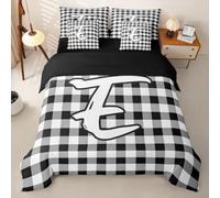 Homemissing Quadrettato Set Copripiumino 7 pezzi 260x220cm Lettera E | Nero Monogramma con piumino,lenzuola,federe,fodere per cuscini Per Ragazzi E Ragazze Alfabeto Numero Microfibra