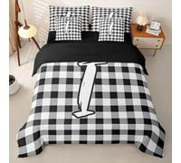 Homemissing Quadrettato Set Copripiumino 7 pezzi 260x220cm Lettera I | Nero Monogramma con piumino,lenzuola,federe,fodere per cuscini Per Ragazzi E Ragazze Alfabeto Numero Microfibra