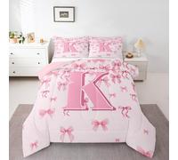 Homemissing Ragazze Rosa Bow Letto Trapuntato Cute Bowknot Set Piumini 230x220cm Lettera K per Camera da letto Decorazione monogrammata Coquette Bows Ultra morbida traspirante