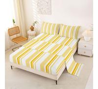 Homemissing retro Striped Set Lenzuola Letto 4 Pezzi 155x205cm | Strisce Modello Stampaed Set Biancheria da Letto Vintage Morbido Accogliente Leggero Giallo Bianco Poliestre di Microfibra