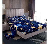Homemissing Rocket Set Lenzuola 90x190cm Sistema Solare Lenzuolo per i Bambini Ragazzi Bambino Stella Luna Blu Giallo Set Lenzuola 3 Pz, 1 Lenzuolo Fitted + 1 Federa + 1 Lenzuolo Piatto