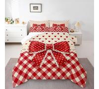 Homemissing Rosso Polka Dot Bow Set Piumini 200x200cm Rosso Cuore Amore Letto Trapuntato per ragazzi Ragazze Cute Bowknot Piumino 4 Stagioni Lattice Checkerd 3 pezzi