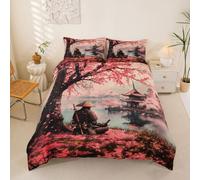 Homemissing Samurai Copripiumone Morbido Giappone Stile Copripiumini Per Ragazzi Ragazze Ciliegio Fiori Set Copripiumino 230x220cm 3pcs Giapponese Ukiyoe Camera Decorazione