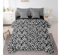 Homemissing Scroll Damasco Piumino Letto con lenzuola 7 pezzi 135x200cm(7-Piece Set) barocco Damasco Letto Trapuntato traspirante morbido retro nero bianco Flo con Piumino camera da letto in