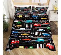 Homemissing, Set con copripiumino con semaforo a tema auto da cartone, copripiumino con camion dei vigili del fuoco rosso per bambini, copripiumino con semaforo a tema cartone, copripiumino navy blu