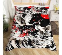 Homemissing Set Coperteletto Per Lenzuola A Onda Giapponese 260x220cm Sunset Set Copripiumino Per Bambini Ragazzi Ragazze DecorFlying Crane Coperteletto Trapuntina Ocean Sea Wave Copriletto Senza