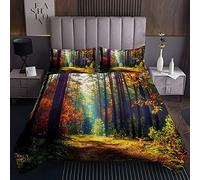 Homemissing Set copriletto trapuntato con alberi della foresta, set di copriletto colorato con paesaggi naturali, trapuntato, scena boschiva, 3 pezzi, matrimoniale