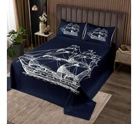 Homemissing Set copriletto trapuntato con stampa nautica con barca a vela, per bambini, ragazzi e ragazze, decorazione per la camera da letto, copriletto a tema oceano, avventura marina, 2 pezzi, per