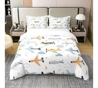 Homemissing Set copripiumino 100% cotone super king size per bambini, giallo e blu, set di biancheria da letto con aereo in volo, per donne e uomini, motivo luna e stelle