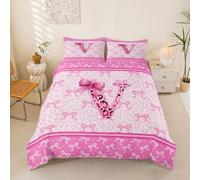 Homemissing Set copripiumino con fiocco rosa leopardato, per bambini e bambine, set di biancheria da letto con lettera V, con fiocco morbido, 3 pezzi, chiusura con cerniera