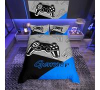 Homemissing Set copripiumino Gamer per bambini e ragazzi, set biancheria da letto videogiochi, set biancheria da letto per giocatori, 3 pezzi, nero, blu, grigio (king size - 260x220cm)
