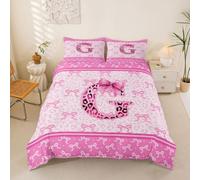 Homemissing Set copripiumino leopardato con fiocco rosa, per bambini e bambine, set di biancheria da letto personalizzato con lettera G con fiocco morbido, 3 pezzi, chiusura con cerniera