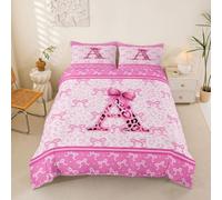 Homemissing Set copripiumino leopardato con fiocco rosa, per bambini e bambine, set di biancheria da letto con lettera A e papillon, morbido, 3 pezzi, chiusura