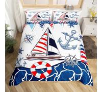 Homemissing Set di biancheria da letto a tema nautico super king size per bambini con barca a vela nautica set copripiumino per ragazzi e ragazze con ancora decorazione copripiumino rosso navy blu