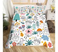 Homemissing Set di biancheria da letto con coniglietto con fungo e coniglietto, copripiumino per bambini con foglie e fiori botanici, copriletto, leggero, per letto matrimoniale