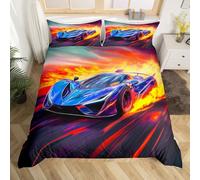 Homemissing Set di biancheria da letto con copripiumino blu con auto da corsa, per ragazzi e ragazze, per bambini e ragazze, con fiamma, traspirante, morbido, sport estremi, 2 pezzi, decorazione per