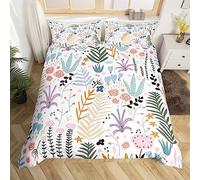 Homemissing Set di biancheria da letto con copripiumino con fiori e fiori in stile cartone animato, rosa e verde, copripiumino per bambini con foglie e fiori botanici, copripiumino leggero per letto