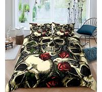 Homemissing Set di biancheria da letto con copripiumino con teschi e rose rosse, copripiumino scheletro per ragazzi, ragazze, bambini, spaventoso, gotico, ossa, biancheria da letto e lino, king