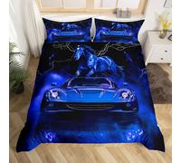 Homemissing Set di biancheria da letto con copripiumino e 2 federe, motivo auto da corsa blu e cavallo al galoppo, per bambini, ragazzi e ragazze, per sport estremi
