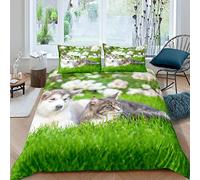 Homemissing Set di biancheria da letto con copripiumino e federe per bambini, ragazzi e ragazze, con motivo gatto e cane, grafica 3D, morbidissima, estiva, verde, con erba solare, 3 pezzi, per letto