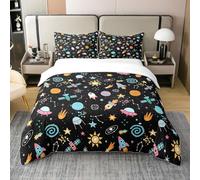 Homemissing Set di biancheria da letto con copripiumino in cotone per bambini, ragazzi e ragazze, con stampa di razzi spaziali, universo, pianeti, nero, 2 pezzi