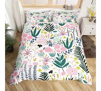 Homemissing Set di biancheria da letto con motivo floreale rosa, per bambini, ragazzi e ragazze, con foglie e fiori botanici, copripiumino primaverile, resistente, per letto matrimoniale
