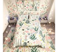 Homemissing Set di biancheria da letto con motivo floreale rosa, per bambini, ragazzi e ragazze, copripiumino con foglie e fiori botanici, copriletto primaverile, resistente, per letto singolo