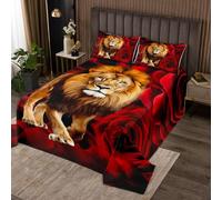 Homemissing Set di biancheria da letto matrimoniale con copriletto trapuntato per San Valentino, motivo floreale con rose rosse, per donne e uomini, 3 pezzi, con 2 federe